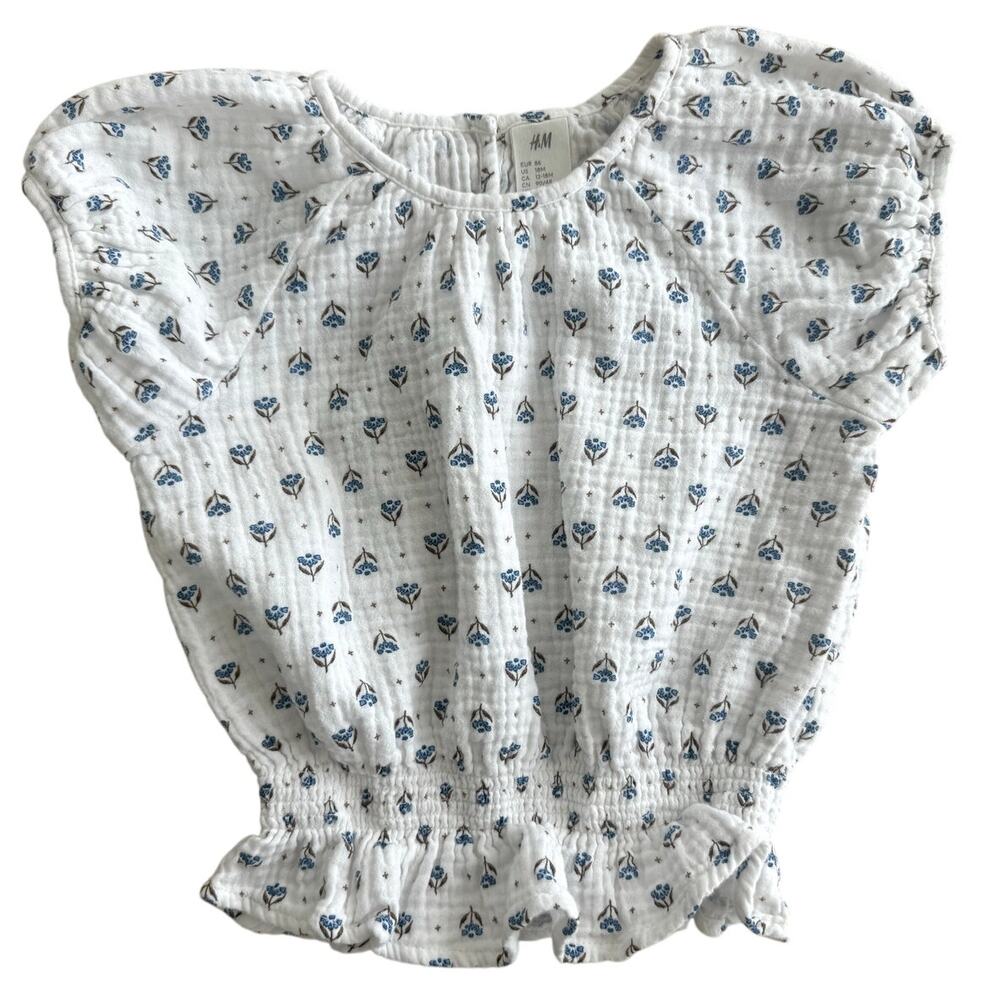 H&M baby girl blue floral short sleeve blouse 18 months